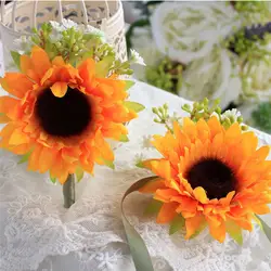 Букеты свадебные цветы Искусственный подсолнечника наручные Цветок бутоньерка для невест Свадебные цветы букет buque de noiva