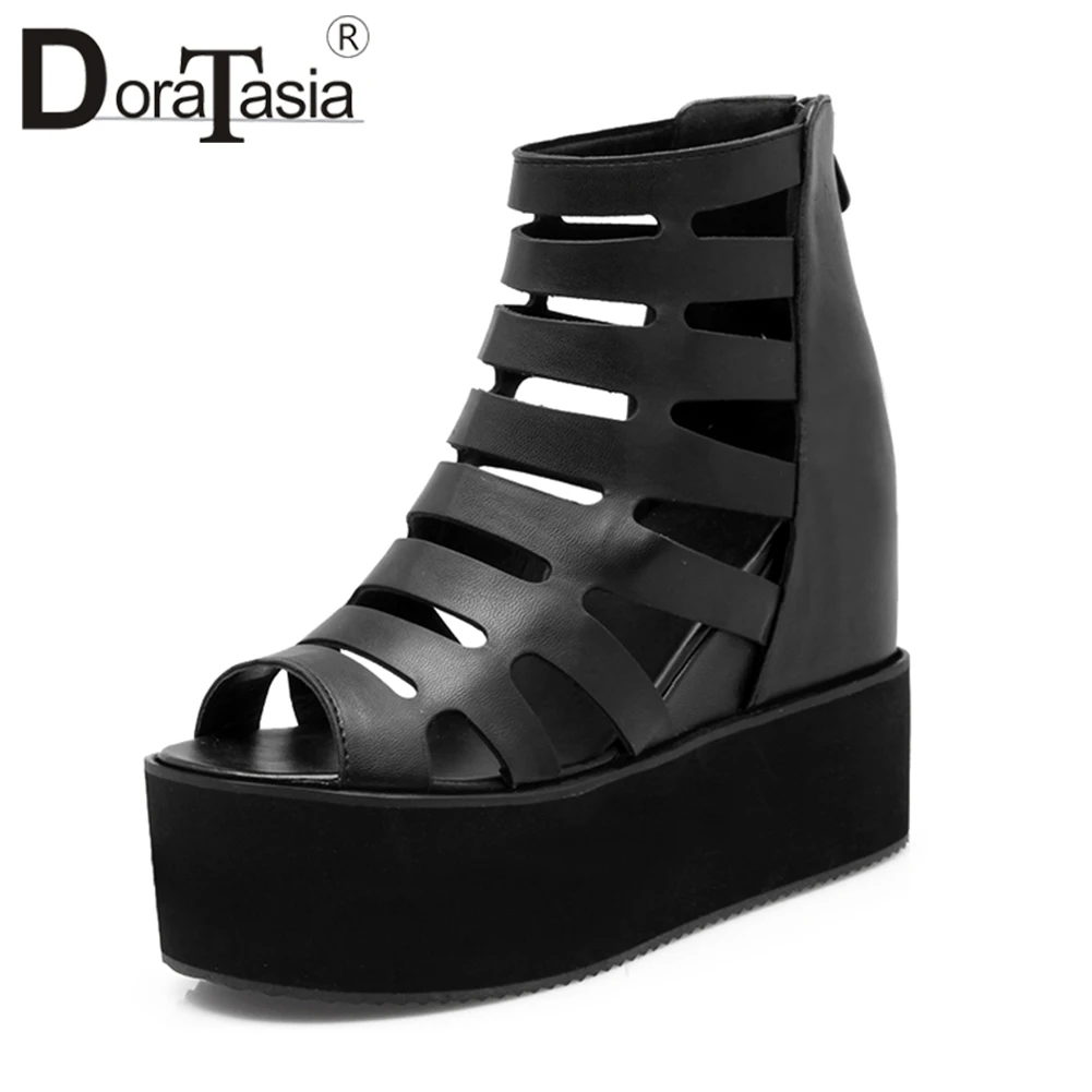 

DoraTasia Fashion Sweet Thick Platform Gladiator Sandals Women Summer 2018 Solid Black Hidden Heels Shoes Woman Large Size 32-43