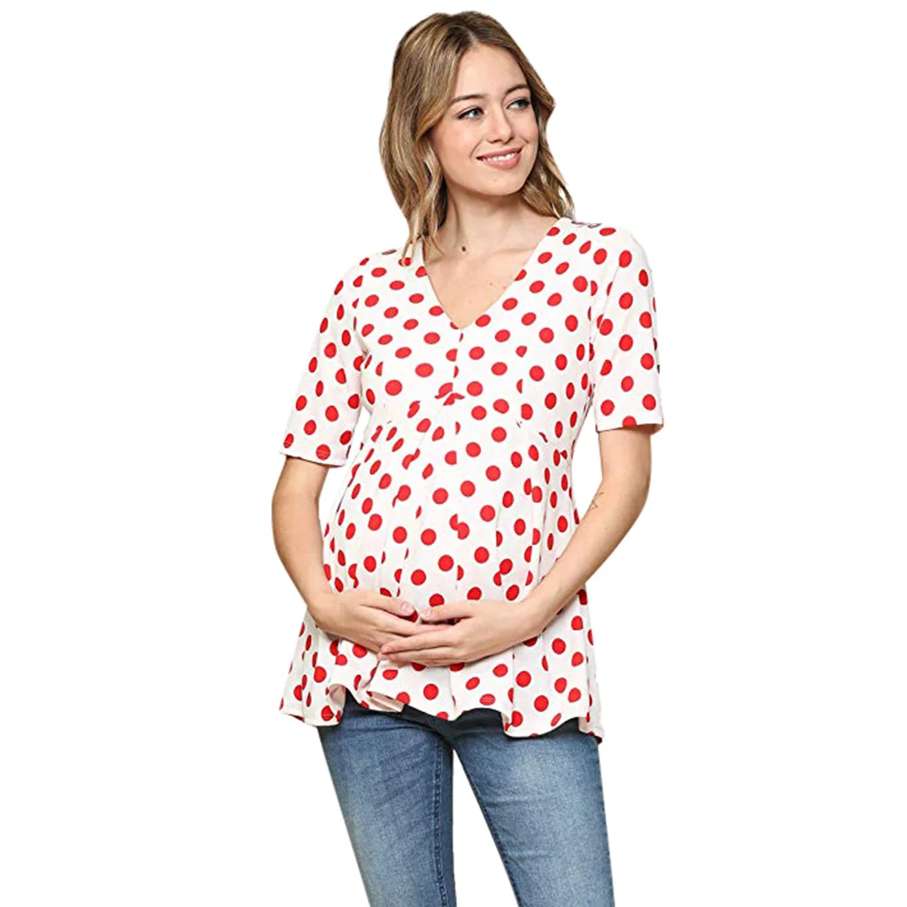 

New Pregnant Women Polka Dot Blouses Maternity Clothes Wave Ruffles Short Sleeve Shirts O Neck Loose Tops Soft Blouse Plus Size