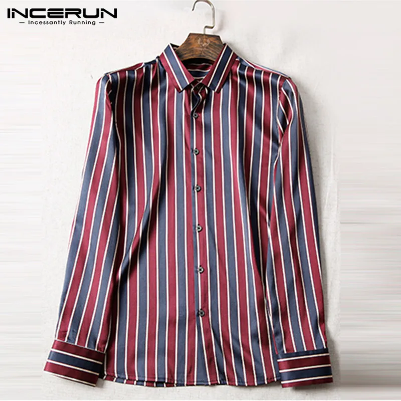 

INCERUN Silk Satin Dress Shirt Men Long Sleeve Printing Lapel Neck Tops Camisa Masculina 2019 Office Social Business Shirts Men