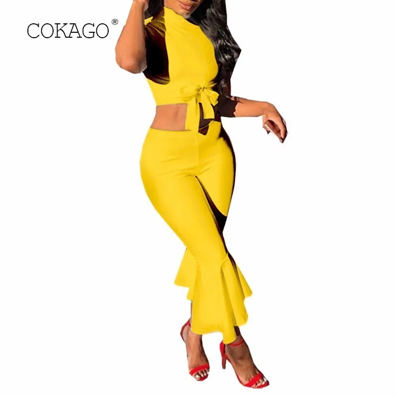 

COKAGO 2019 Summer Two Piece Set Top And Pants Yellow/white Color 2 Piece Outfits For Women Bow Tops Flares Women's Tracksuit