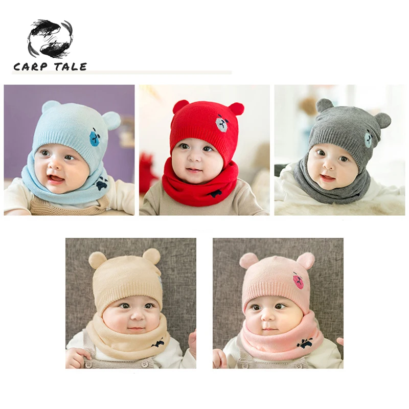 

2pcs/set Fashion Newborn Hats Knitted Warm Bear Round Machine Cap Protects Ear Bonnet Baby Winter Caps + Scarf Suits