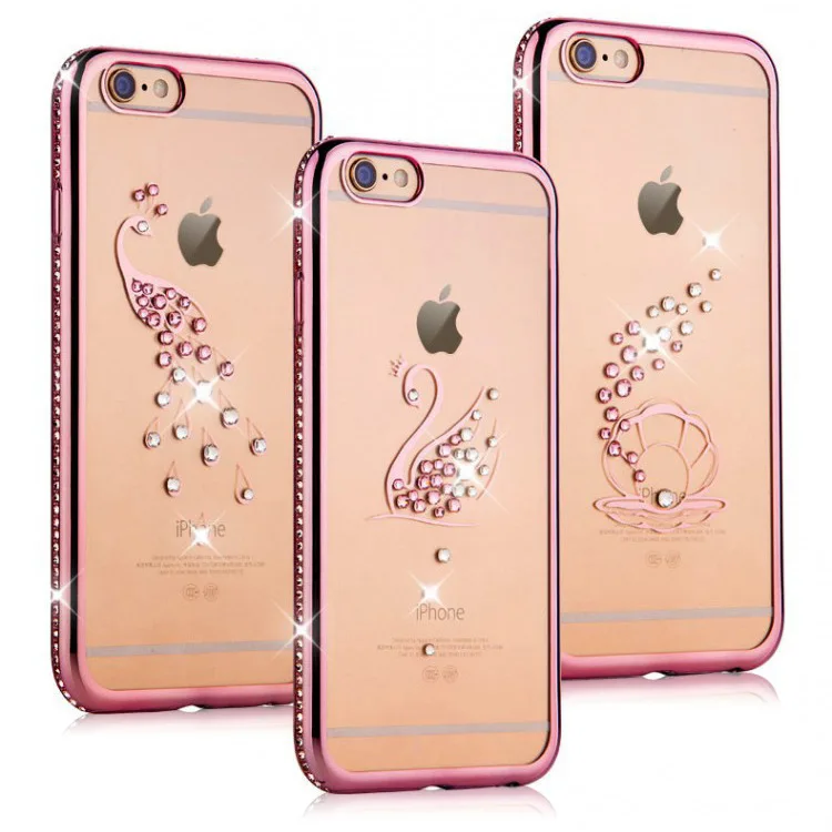 

2017 New Arrival Elegant Electroplating Rhinestone Case for iPhone 6 6plus 7 7plus Plus Peacock Swan Diamond Soft TPU Cover