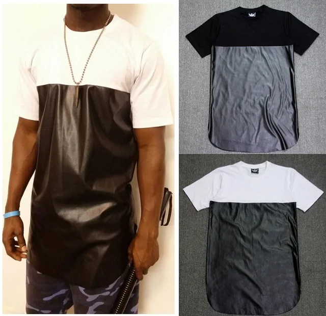 Faux Leather Patchwork Extended Hem Drop Long T shirt Streetwear Mens Short Sleeve Lengthen Tee 