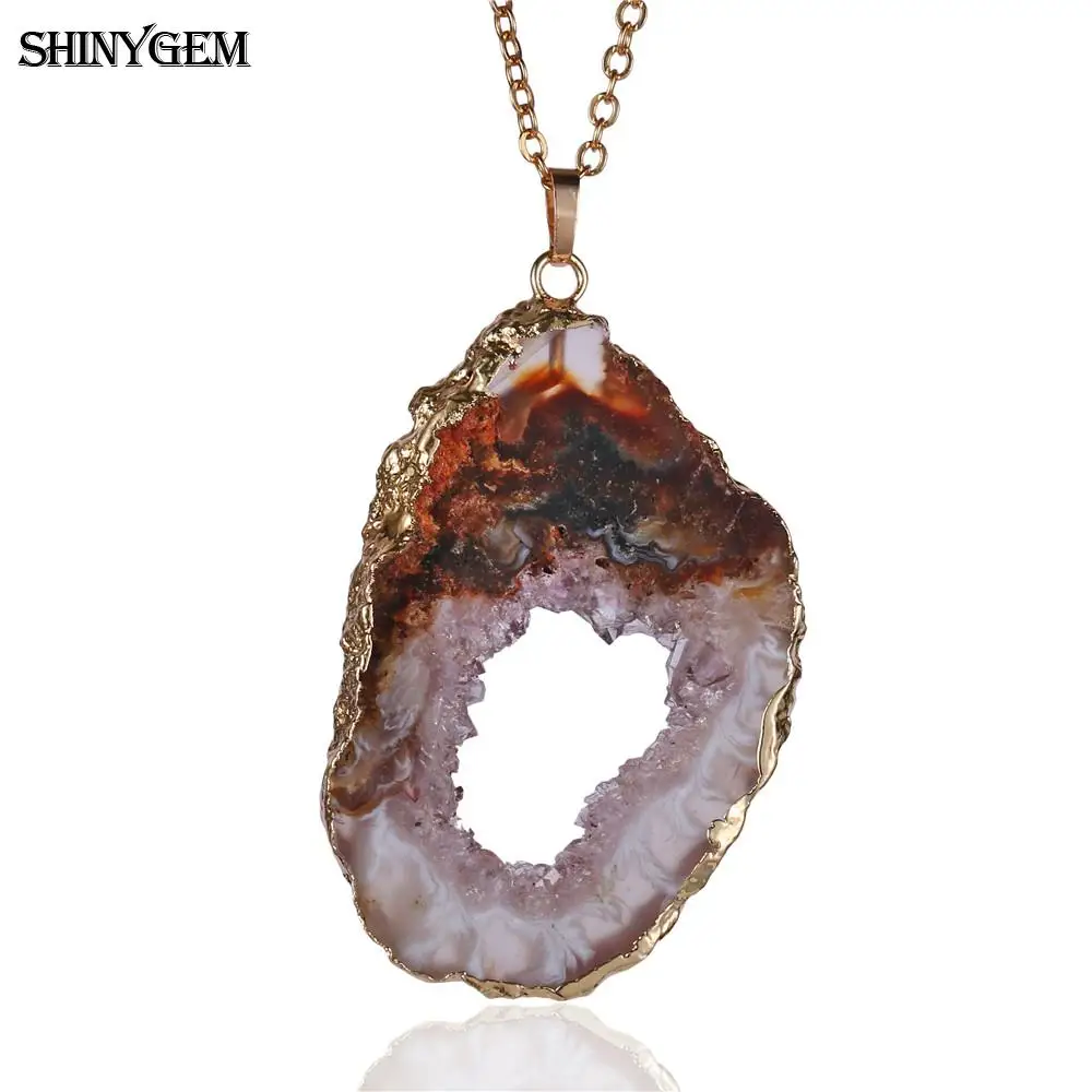 The Hollow Geode Blue Agate Slice Pendant Necklace Gold Plated with an 18 Gold Plated Chain Genuine Solid Agate