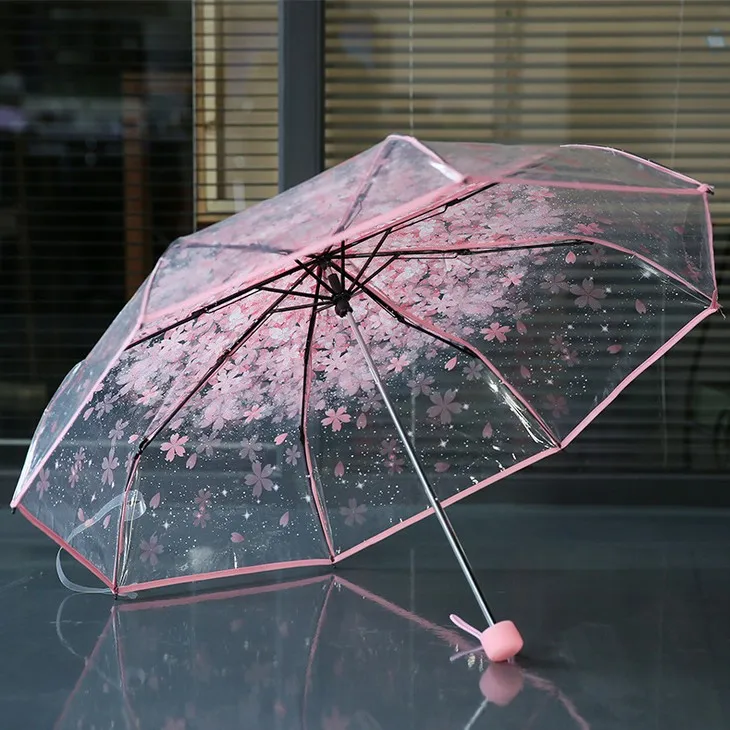 Fancytime прозрачный зонтик для женщин детский 3-складной Романтический зонтик солнечный и дождливый классический узор с Сакурой зонтик - Цвет: Розовый