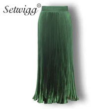 SETWIGG блестящая металлическая длинная Плиссированная юбка Весенняя женская эластичная талия с воланами по краям длиной до икры длинная юбка русалки SG511