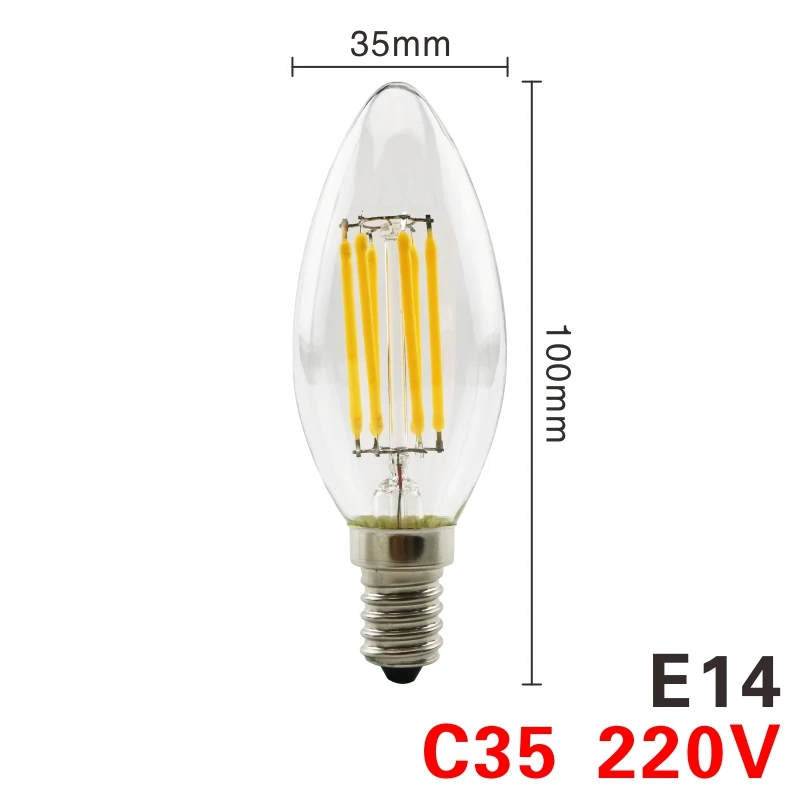 Светодиодный ламп накаливания E27 Ретро Эдисон лампы 220V E14 Винтаж Свеча светильник земной шар люстра светильник ing энергосберегающие Стекло шарика - Испускаемый цвет: C35 E14