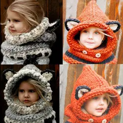 Детские на возраст 1-7 лет шерстяные вязаные шапки шапка-шарф с лисой зима Шапки милый шею Обёрточная бумага шерсть Кепки Шапки капюшон шарф