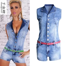 Summer women’s single buckle sexy cowboy Jumpsuits Fashion comfortable Slim was thin V-neck shorts cowboy Jumpsuits for women DT