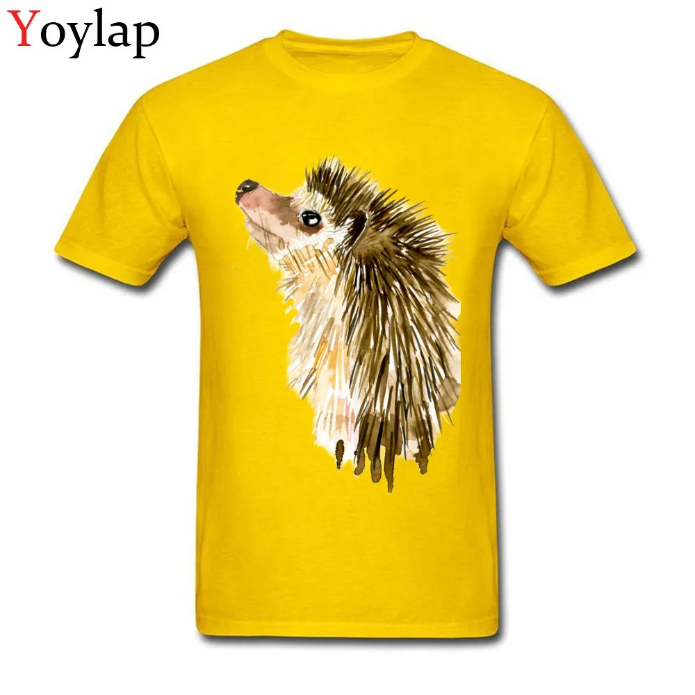 Adult T Shirt Crazy Normal Short Sleeve Summer Fall Tops T Shirt Plain Round Collar 100% Cotton Tee-Shirt Watercolor Little Hedgehog yellow