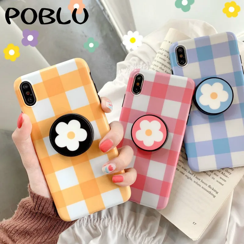 

POBLU Cute Flower Floral Case For iphone XR XS Max Fashion Lattice Kickstand TPU Soft Back Phone Cover For iphone 6s 7 8 Plus