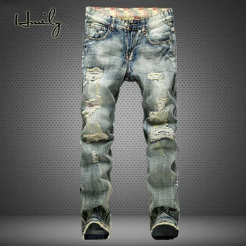 

HMILY Hip hop Men Biker Jeans Pants Slim Fit Brand Designer Motocycle Denim Trousers For Male Straight Washed jeans Plus Size