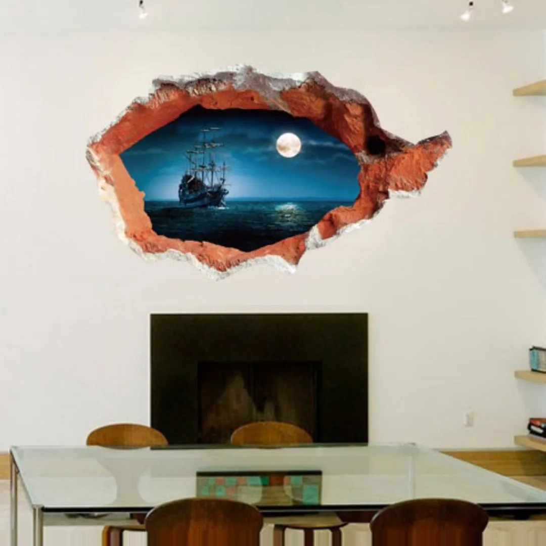 JX-LCLYL Removable 3D Ocean Seaview Vinyl Decal Broken Wall Sticker Art Mural Room Decor