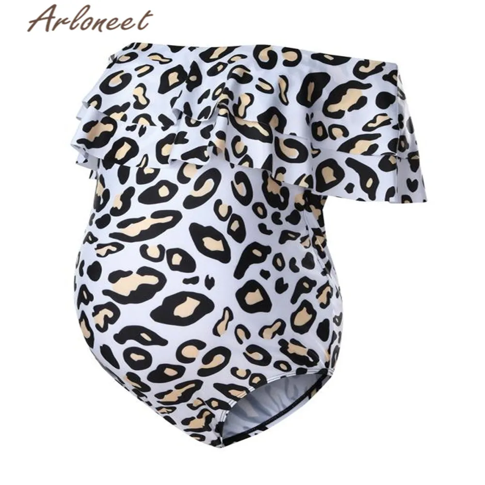 ARLONEET Clothes women maternity Swimwear high waist one shoulder Ruffle Leopard print beachwear ladies pregnanct Swimsuit