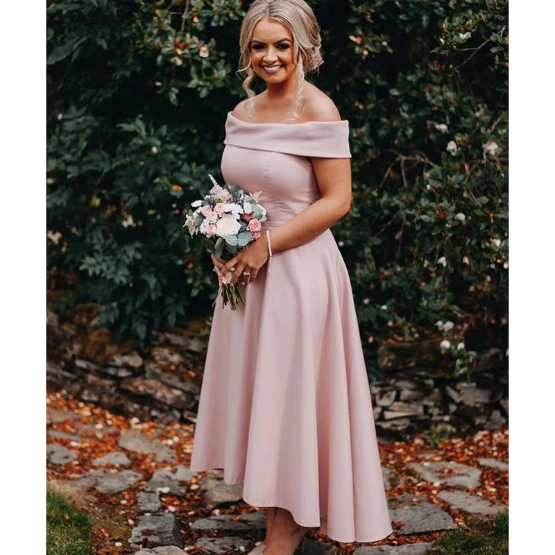 2019 Румяна Розовый трапециевидной формы платья подружки невесты с открытыми плечами атласный, высокий, низкий длиной до щиколотки