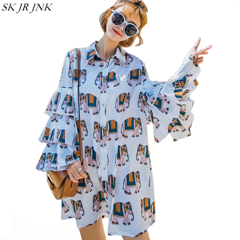

2017 Spring Summer Women Ruffles Dress 2018 New Long Sleeve Fashion Loose Casual Female Printed Chiffon Shirt Mini Dresses WQ321