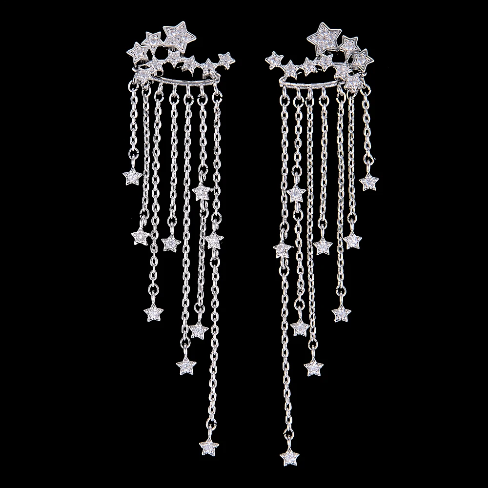 

Siscathy Charms Shining Stars Pierced Tassel Drop Dangle Long Earrings For Women Wedding Bridal Jewelry Tassel Fringe Earrings