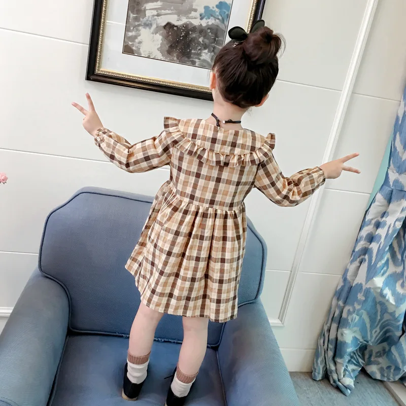Hurave/Детская клетчатая хлопковая одежда для девочек; детское платье с длинными рукавами; платье с отложным воротником; повседневные платья на завязках с оборками