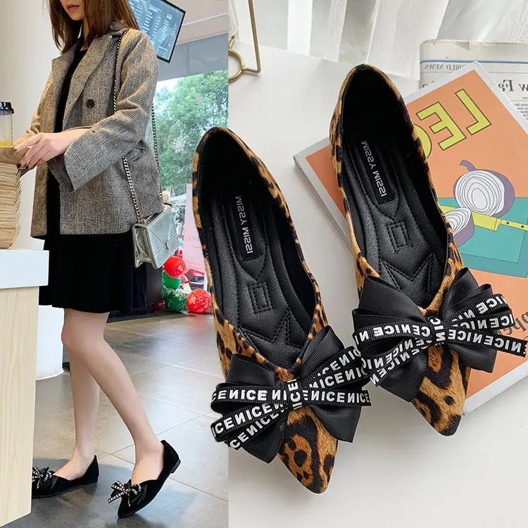 

2019 Spring New Ladies Big Bow-Knot Flats Leopard Printed Pointed Toe Women Loafers Party Office Fashion Casual Shoes SA22
