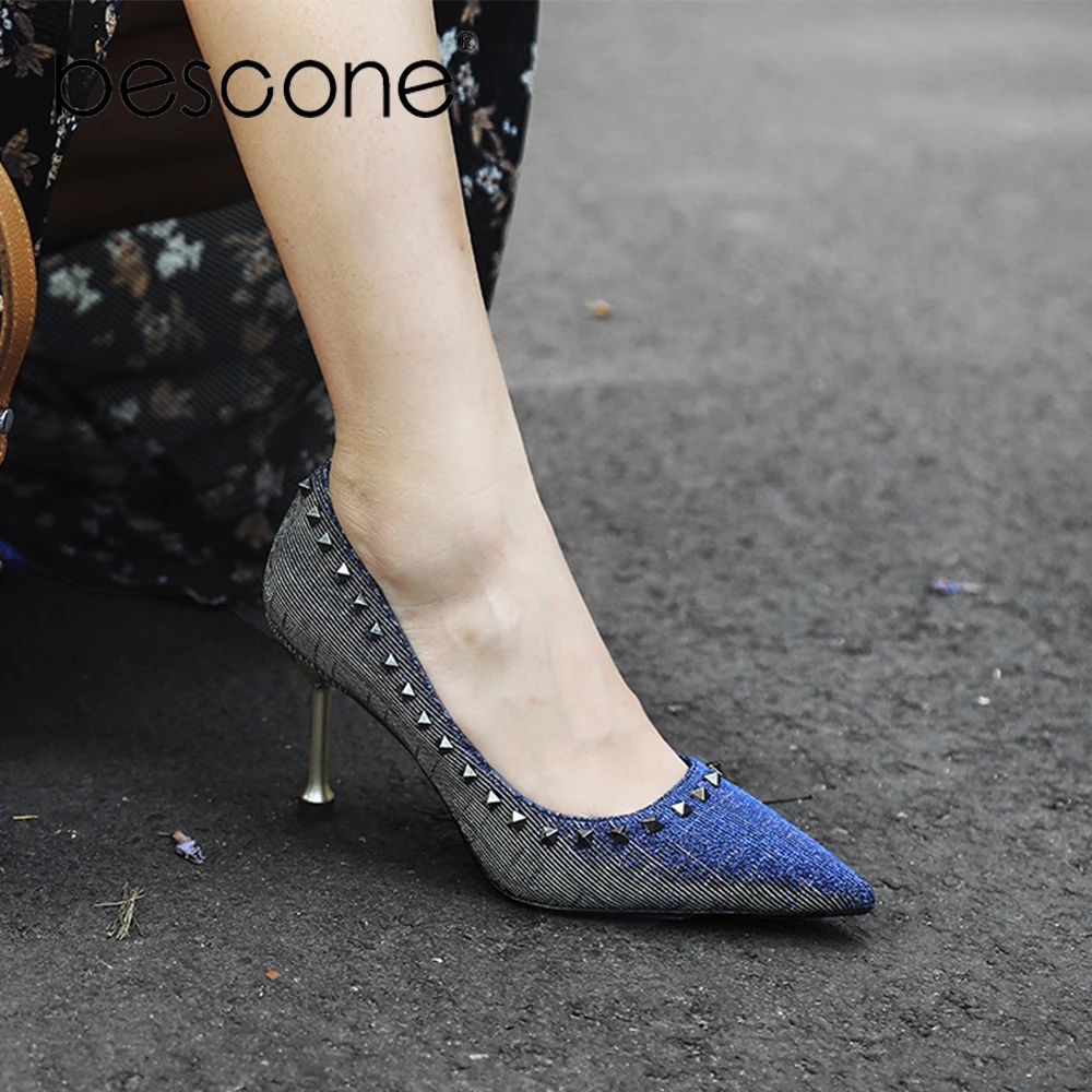 

BESCONE Handmade Woman Pumps Sexy Bling Pointed Toe Matching Metal Rivet Decoration Shoes Elegant Party Office Ladies Pumps A07