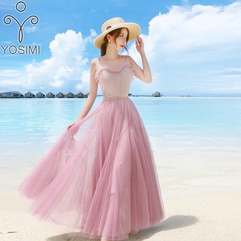 

YOSIMI 2019 Summer Two Piece Set Women Dress Pink Vintage Sleeveless Sling T-shirt+Mesh Skirt Women's Suit Female Vestido Party