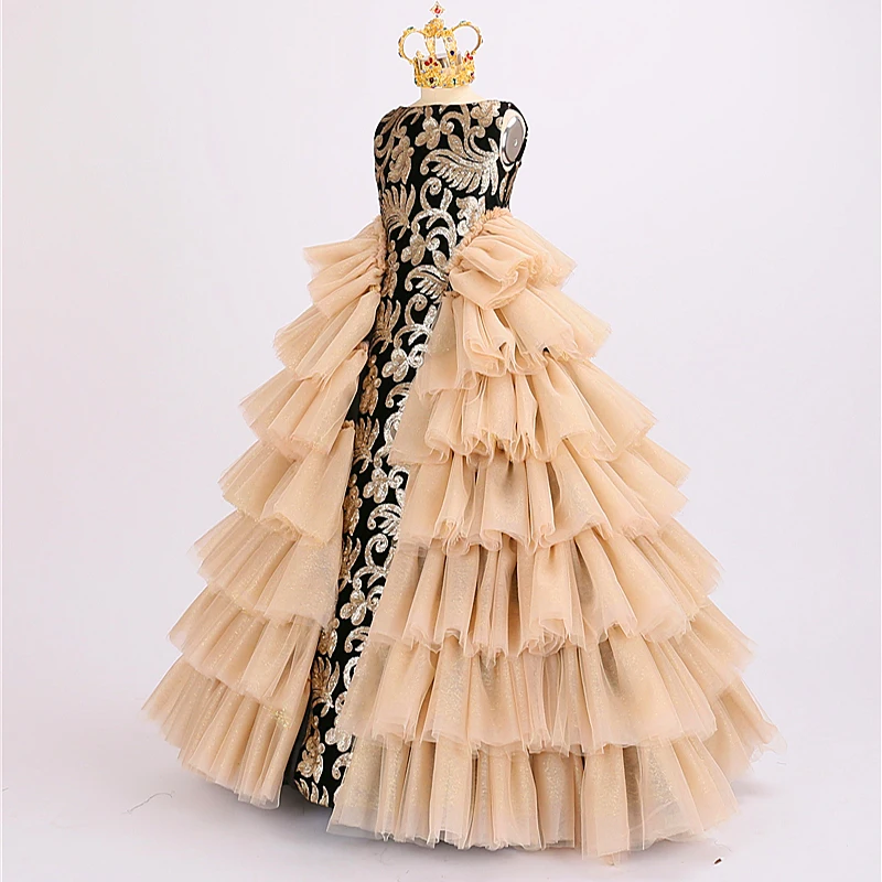 Королевская принцесса роскошный цветок платья для девочек золотые блестки Дети вечернее Тюлевое платье без рукавов Девочки пышное платье