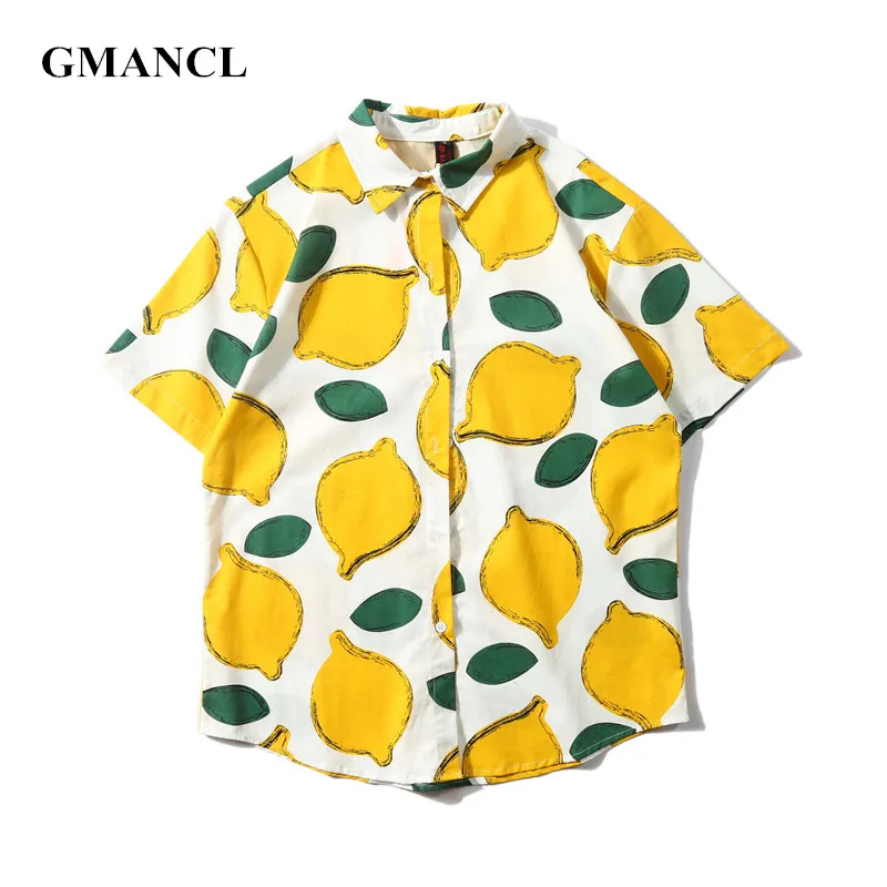 

New Men summer Lemon Printed Button Shirts Beach holiday Hawaiian Oversized Curved hem Personality printed Short sleeve Shirts