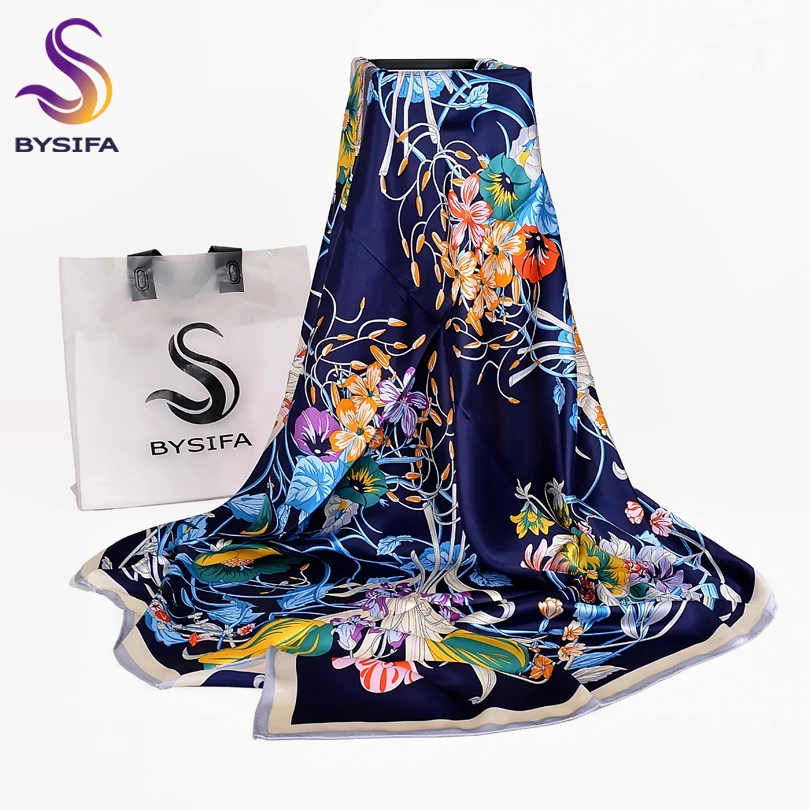 

[BYSIF] Navy Blue Silk Scarf Cape Ladies New Brand 100% Silk Square Scarves Wraps Spring Autumn Elegant Scarf Shawl 110*110cm