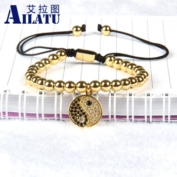 

Ailatu Wholesale Best Quality 6mm Brass Beads Micro Inlay Black Cz YingYang Tai Chi Charms pendants Macrame Bracelet