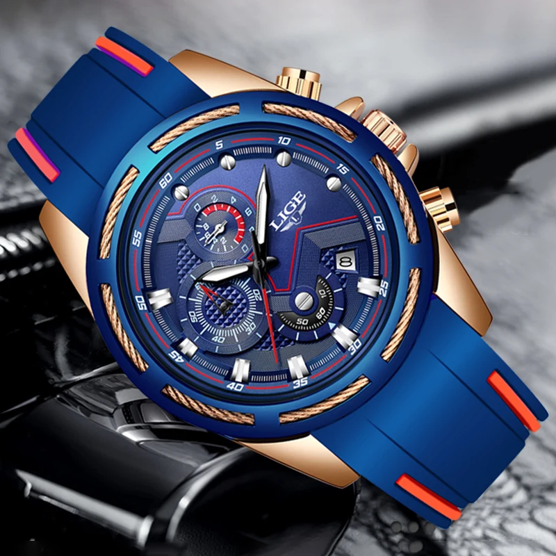 

New 2019LIGE Fashion Silicone Mens Watches Chronograph Sport Watch Mens Waterproof Clock Quartz Wristwatch Relogio Masculino+Box