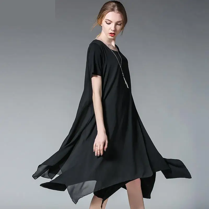 

Designer Women Asymmetrical Chiffon Summer Dresses Plus Size XL 2XL 3XL 4XL Patchwork Elegant Women's Black Chiffon Dress