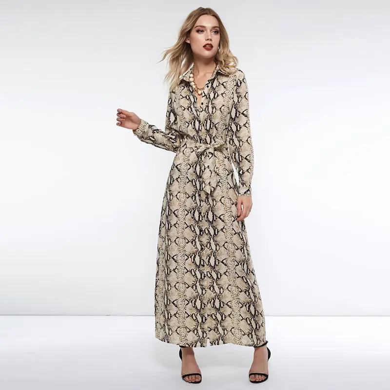 

Snake Print Shirt Dress Women Spring New Boho Chiffon Robe Street Sexy Elegant Sash Fashion Casual Travel Ladies Maxi Dresses