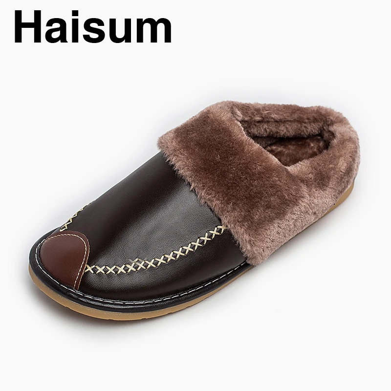 

Men 's Slippers Winter Pu Leather Home Indoor Non - Slip Thermal Slippers 2018 New Hot Haisum H-8835