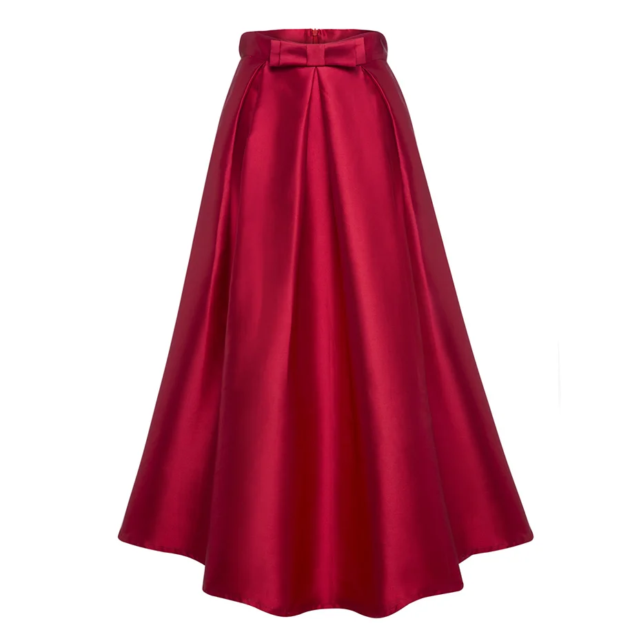 Vintacy Red Christmas Skirt New Year Women Pleated Bowknot A Line Long