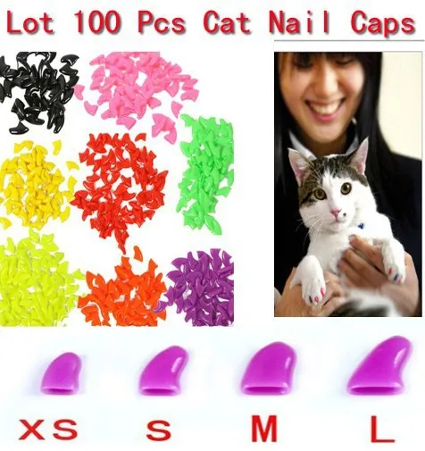 

Lots 100pcs 14 Colors Soft Cat Pet Nail Caps Claw Control Paws off + 5pcs Adhesive Glue Size XS S M L Free Shipping