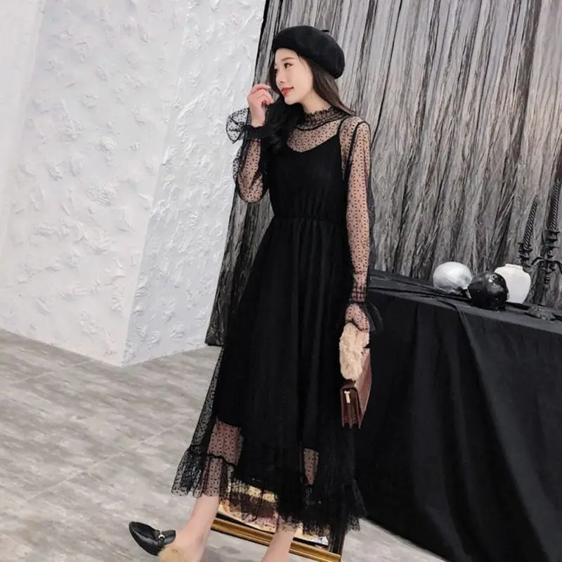 

Woman Summer Spring Lace Women's Dress Sexy Temperament Party Dresses Lace Perspective Sexy Two-piece Long Dress Woman's Dress