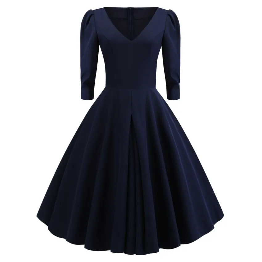 

2019 Spring Autumn Women Simple A-line Dress V-neck 3/4 Sleeve Knee-length Dress Elegnat Women Casual Solid Vestidos Navy Blue