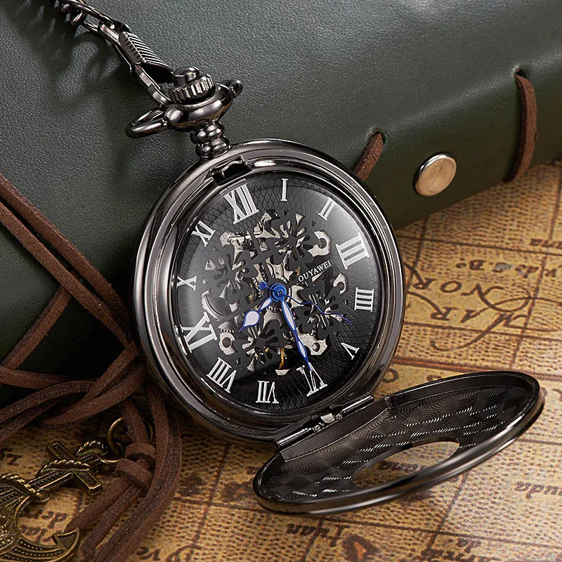 OUYAWEI Pocket Hand Wind Mechanical Watch Men Steampunk Vintage Pendant Watch Necklace Chain Antique Fob Watches 3