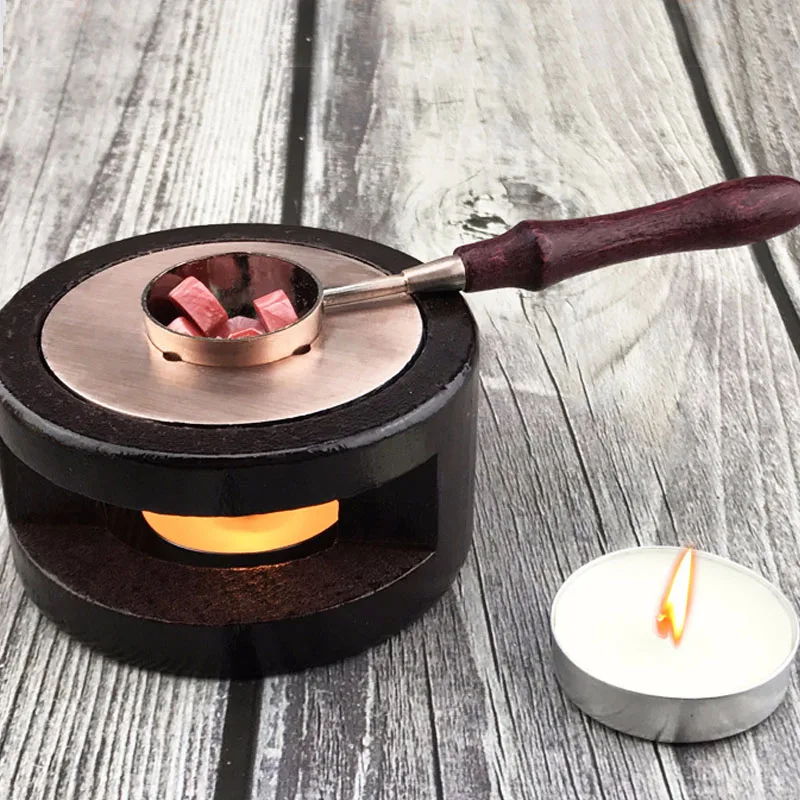 

Retro Seal Stamp Wax Stick Stove Vintage Sealing Wax Melting Pot Holder Solid Wood Handle Red Copper Spoon