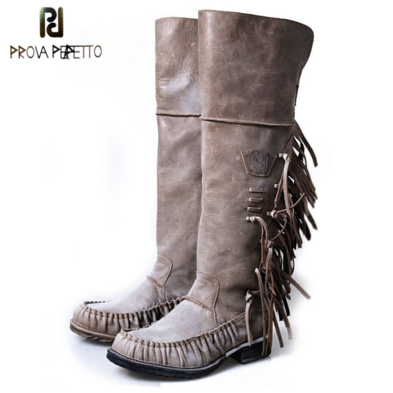 

Prova Perfetto Sheepskin Genuine Leather Pleated Round Toe Knee High Woman Boots Patchwork Fringe Zipper-side Knight Boots