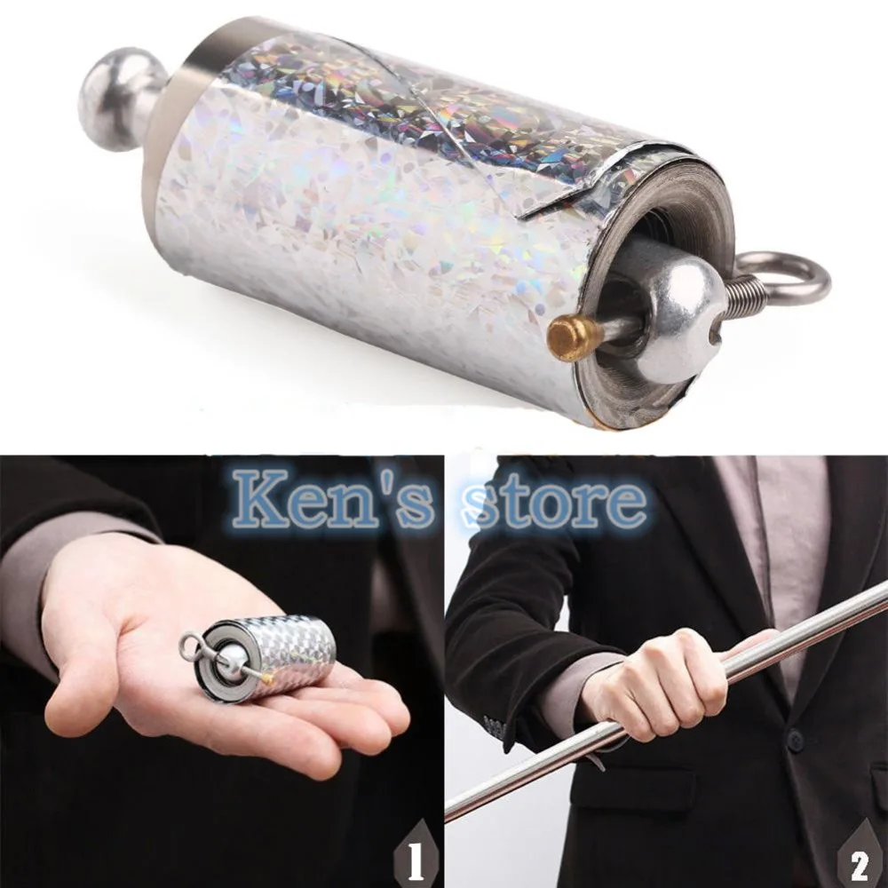 Անվճար առաքում Հայտնաբերելով Cane Metal Silver Silver Magic Stick- ը կախարդական հնարքներ Փակել Up Illusion Silk to Wand Magic Props Kid Best Gift