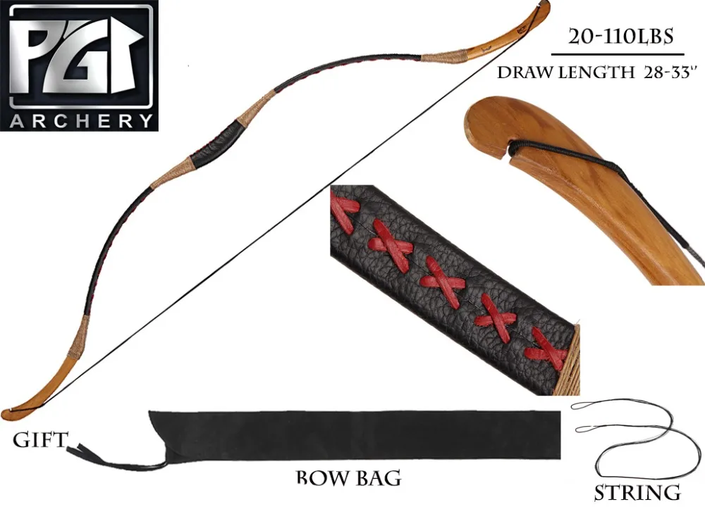 

PG1ARCHERY HandMade Traditional Archery Horsebow Black Longbow with Recurve Bow Bag 20-80lbs@28'' Hunting Longbow