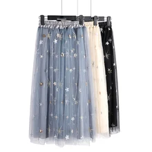 Юбка из тюля с вышивкой и блестками; сезон весна-лето; Черная эластичная юбка-пачка с высокой талией; Jupe Femme; сетчатая длинная Плиссированная кавайная юбка