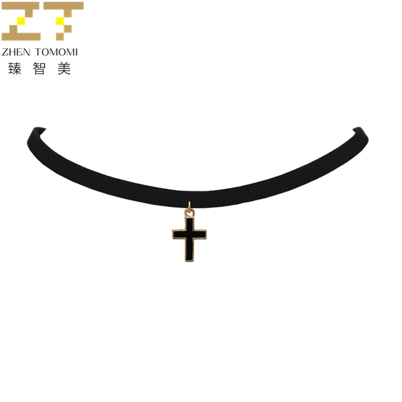 

2019 New Arrivals Fashion Black Velvet Leather Bijoux Collares Collier Black Cross Pendants Chokers Necklaces For Women Jewelry