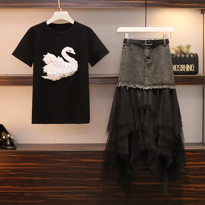 

Women Two Piece Set Summer 2019 embroidery T shirt Top and Denim Patchwork Mesh High Waist Midi Skirts 2 piece outfits suit