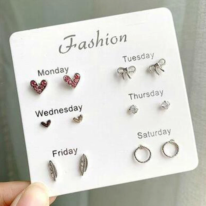 

XIYANIKE 6 Pairs/Set Metal Pink Heart Rhinestone Bow Leaves Stud Earrings for Women Gift Silver Earrings 2018 New Fashion E44