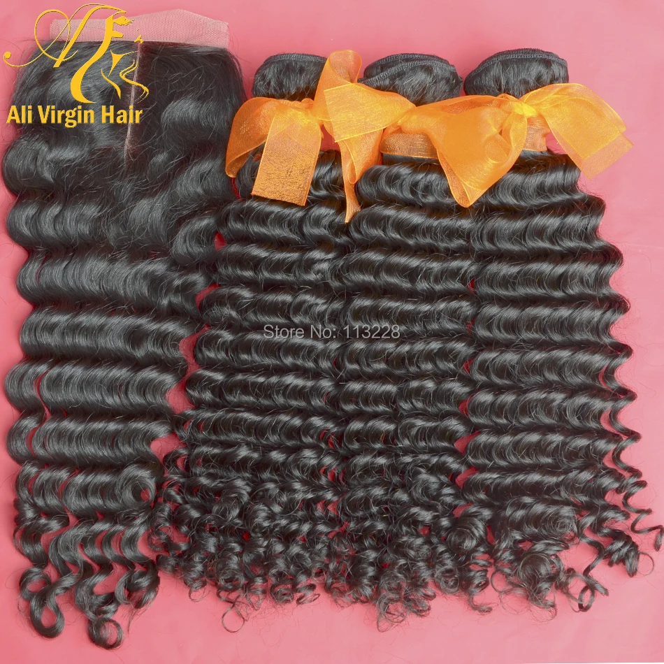 Ali Virgin Hair Raw Indian Deep Wave Curly 1 Pc Lace Top Closure with 3pcs Extension 100% Human Free Shipping |