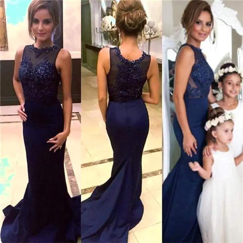 Vestido de festa сексуальное длинное темно-синее атласное с юбкой-русалкой платья для мам Формальные с аппликацией из Бисера Кружевное для выпускного вечера нарядные платья для вечеринок