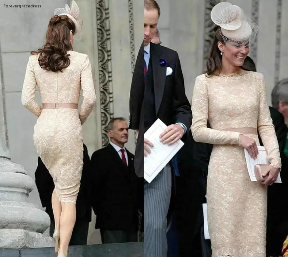 Вечерние платья Kate Middleton с длинными рукавами 2019 цвета шампанского до колена